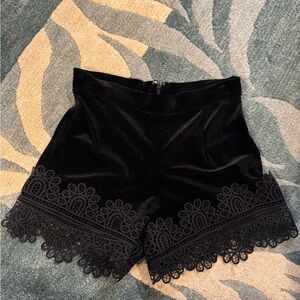 Topshop Black Velvet Lace Trim High Waist Shorts